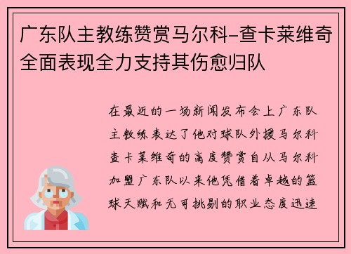广东队主教练赞赏马尔科-查卡莱维奇全面表现全力支持其伤愈归队
