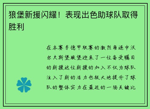 狼堡新援闪耀！表现出色助球队取得胜利